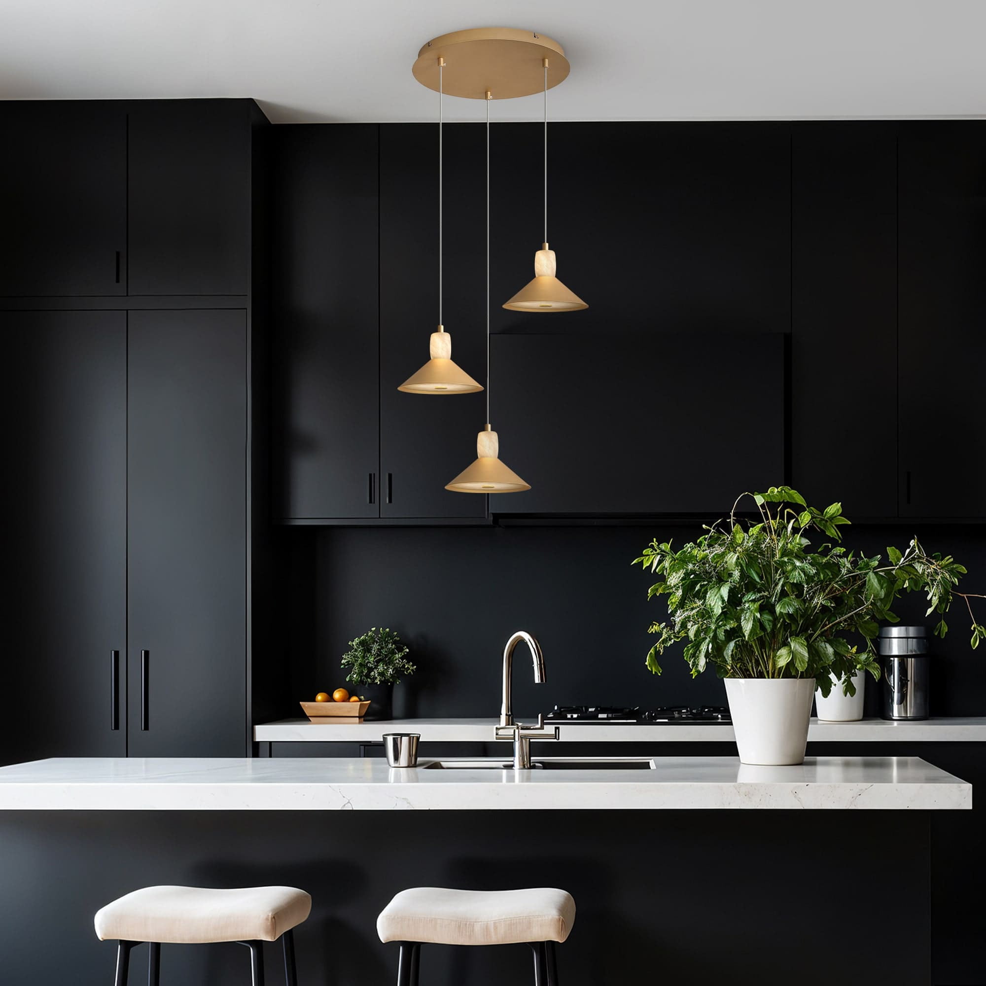 Spanish Alabaster  Aluminum Three-Light Chandelier