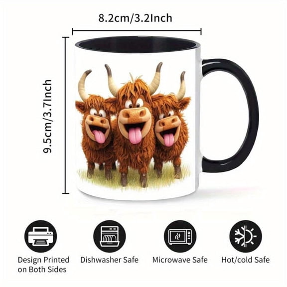 Three Headed Cartoon Cow Mug 11oz 1pc Funny Farm Design Playful Humor Lovers Kids Quirky Decor