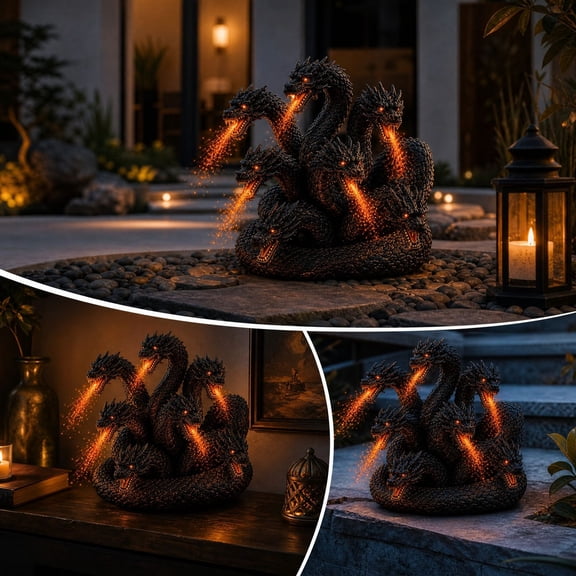 Three Headed Dragon Fire Garden Light, Glowing Dragon Statue with Simulated Flame Effect, Gothic Dragon Figurine for Garden, Patio, Yard and Halloween Decor