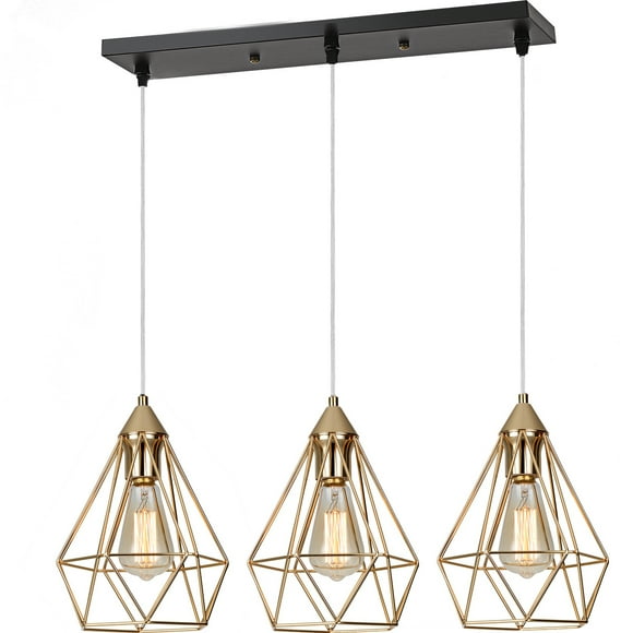 Three-Headed Pendant Light Gold Hanging Light Fixture with 5 Ft Plug in Cord on/off Switch Vintage Metal Cage Pendant Light Fixtures