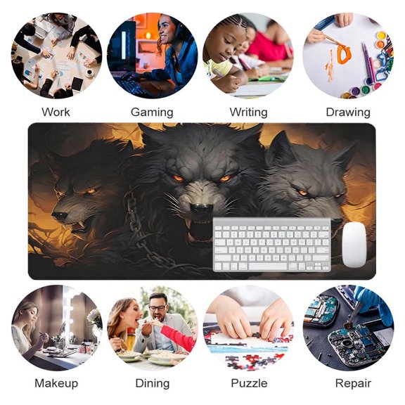 Three Headed Wolf Fantasy Mouse Pad 31.5 x 11.82 Inches Rubber Desk Mat for Office Gaming