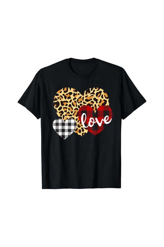 Three Hearts Leo.pard Buffalo Plaid for Women Love Day T-Shirt