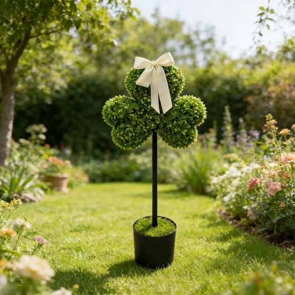 Three Hearts with Bow Potted Artificial Boxwood Tree for St. Patrick's Day & Valentine's Day Decor | Indoor & Outdoor Use | 1-Pack