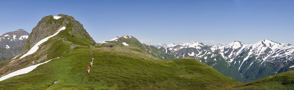 Three Hikers Walk The Mt Juneau Ridge Above Juneau Southeast Alaska During Summer Canvas Art - Chris Miller Design Pics (44 x 13)