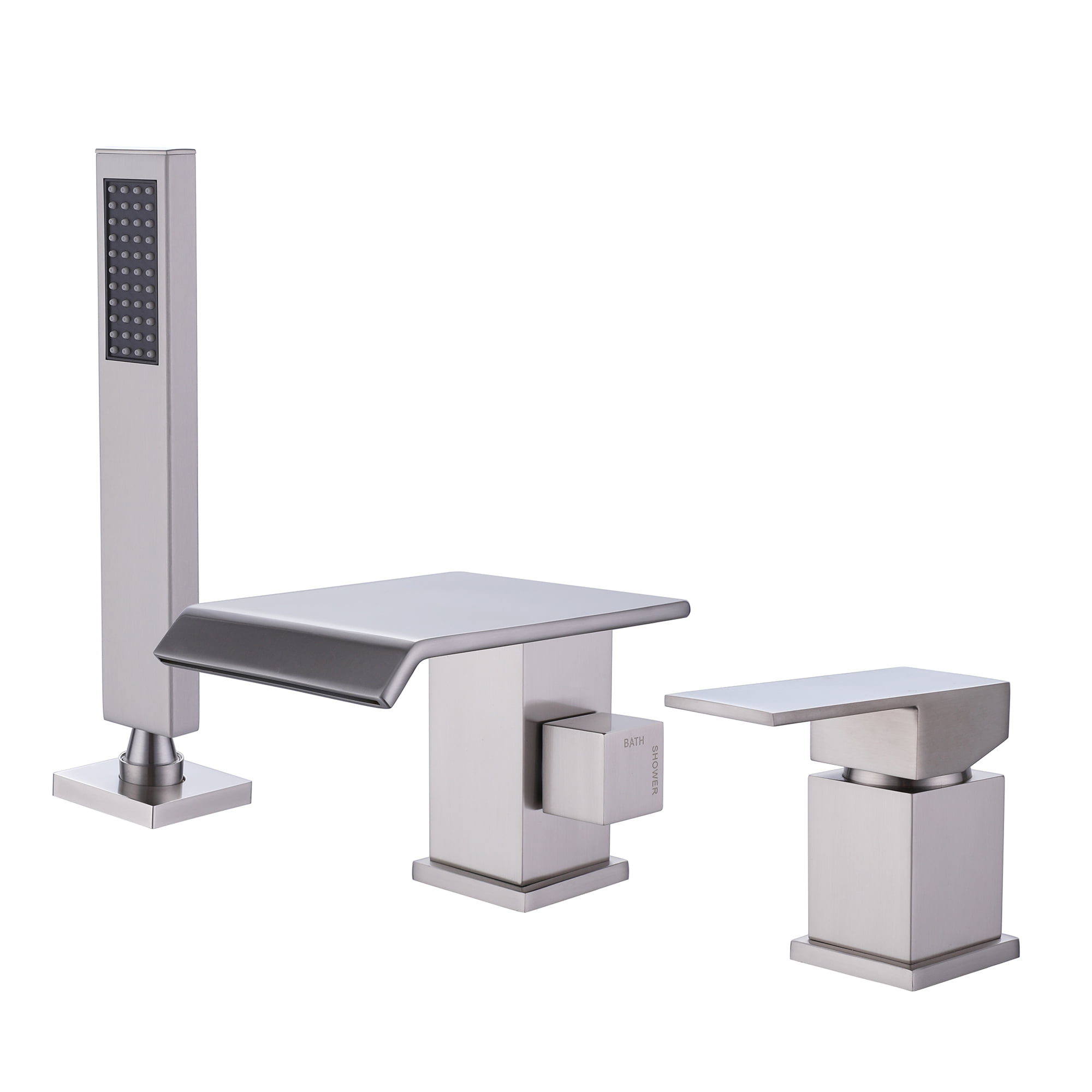 Three Holes Deck Mounted Roman Bathtub Faucet with Hand Shower, Widespread Waterfall Tub Filler