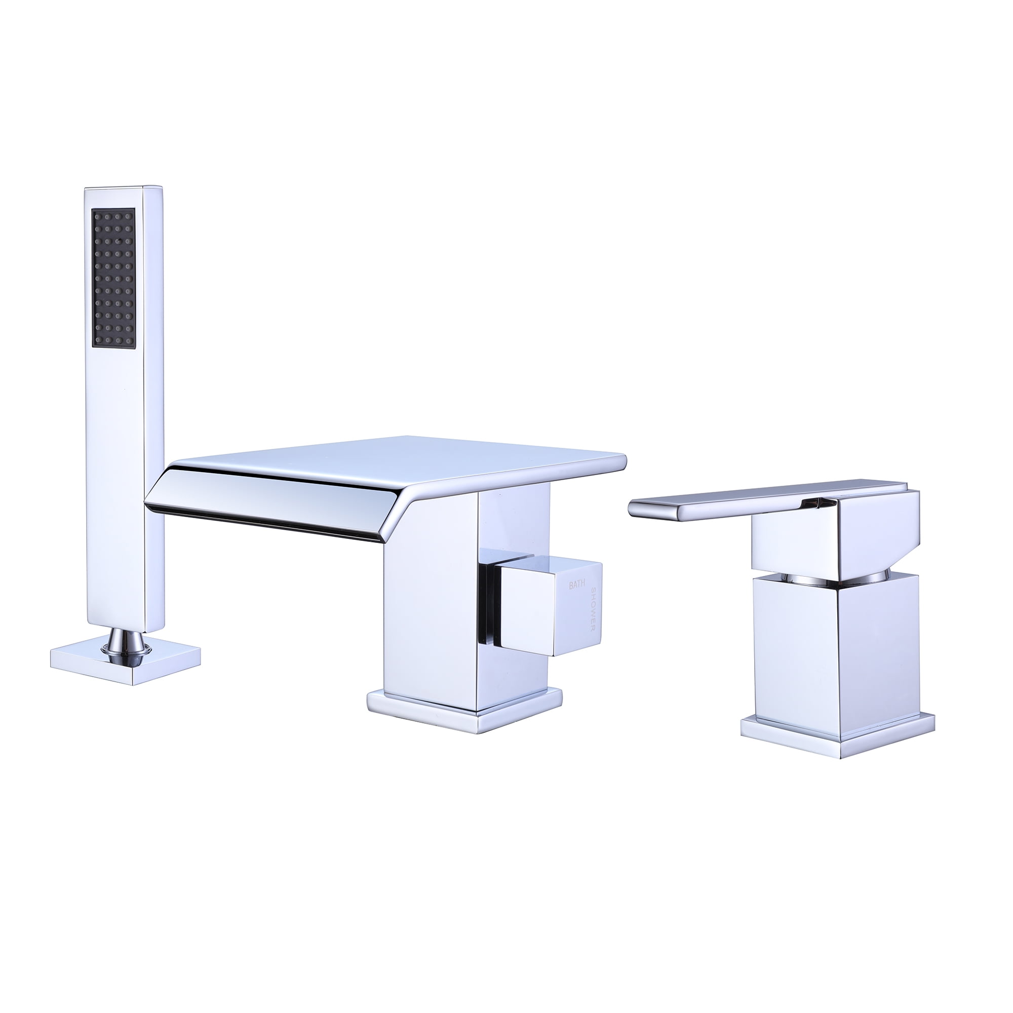Three Holes Deck Mounted Roman Bathtub Faucet with Hand Shower, Widespread Waterfall Tub Filler