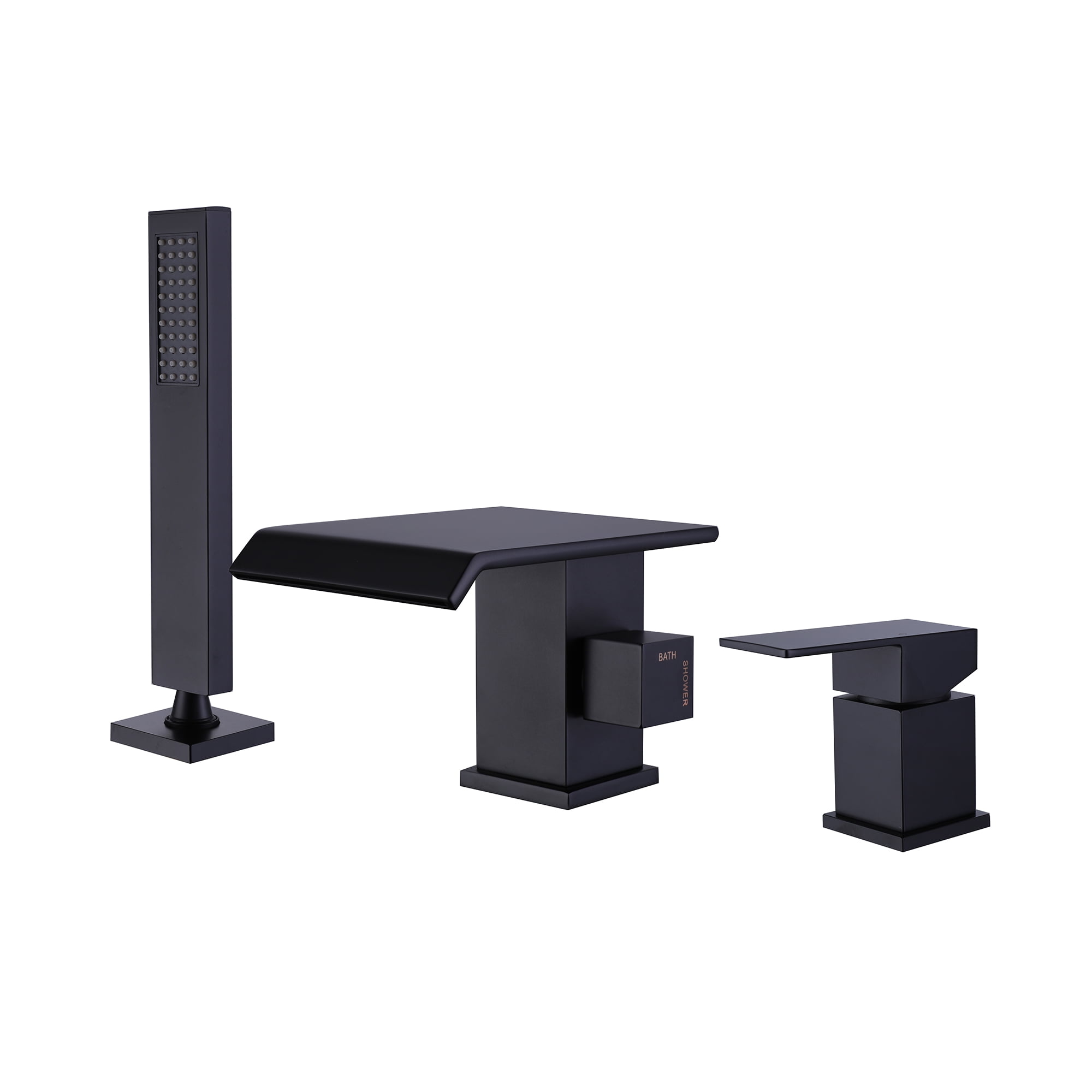 Three Holes Deck Mounted Roman Bathtub Faucet with Hand Shower, Widespread Waterfall Tub Filler