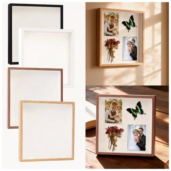 Three-Hollow Square Shadow Box Frame, 6x8 Inch Handmade Wooden Photo & Dried Flower Display, Desktop & Wall Mounted Memory Case