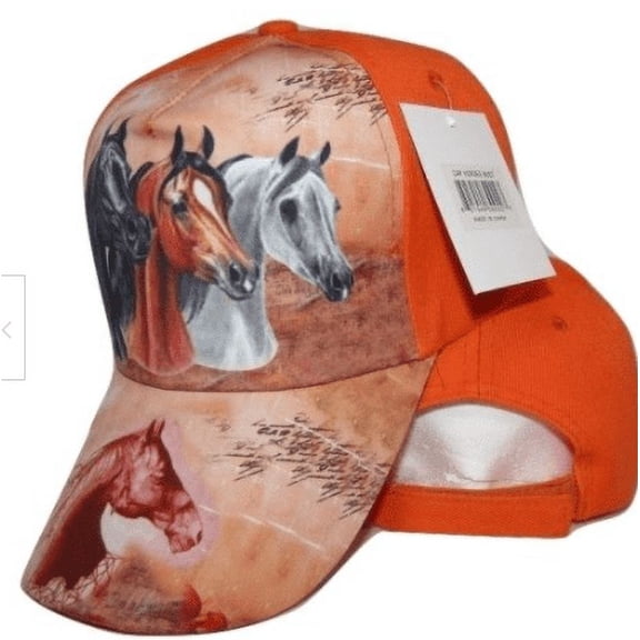 Three Horse Head Neon Orange Printed Baseball Cap Hat