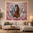 thumbnail image 1 of Three Horse Portraits with Pink Bow and Floral Arrangement Romantic Illustration for Animal Lovers Equestrian Wall Art Housewarming Gift Tapestry Wall Hanging for Bedroom and Living Room, 1 of 7