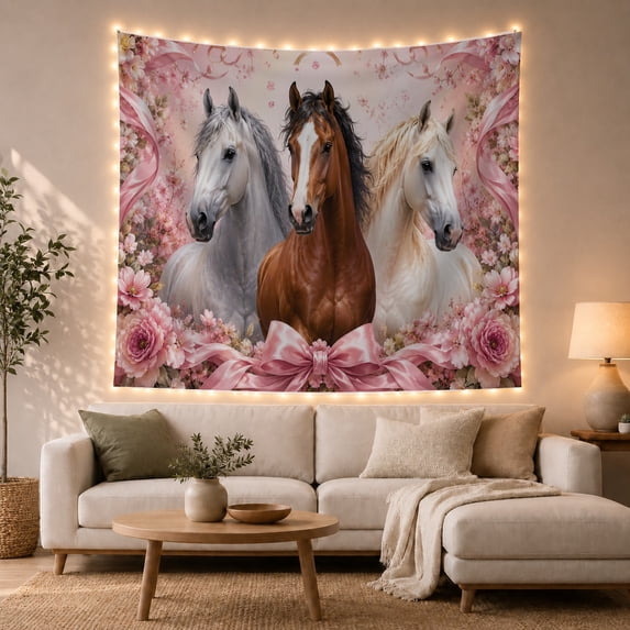 Three Horse Portraits with Pink Bow and Floral Arrangement Romantic Illustration for Animal Lovers Equestrian Wall Art Housewarming Gift Tapestry Wall Hanging for Bedroom and Living Room