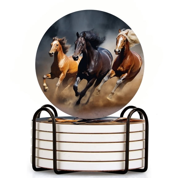 Three Horses Of Different Colors Run At Full Speed In The Dust Set of 6 Ceramic Coasters with Holder, Absorbent Drink Bar Coasters, Table Coasters for Living Room Decor Tabletop Protection
