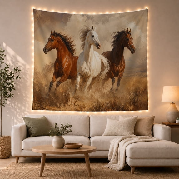 Three Horses Galloping in Dusty Landscape Majestic Folk Art for Nature Lovers Equestrian Art Housewarming Gift Tapestry Wall Hanging for Bedroom and Living Room