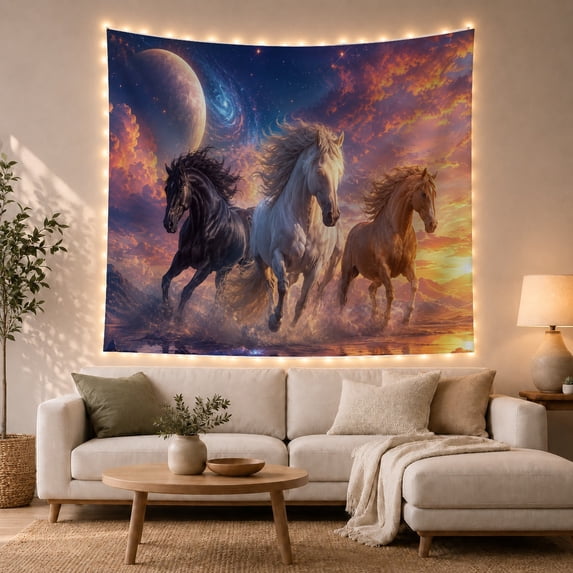 Three Horses Galloping in Shallow Water Against a Cosmic Sky, Majestic Fantasy for Nature Lovers, Celestial Equine Wall Art, Birthday Gift Tapestry Wall Hanging for Bedroom and Living Room