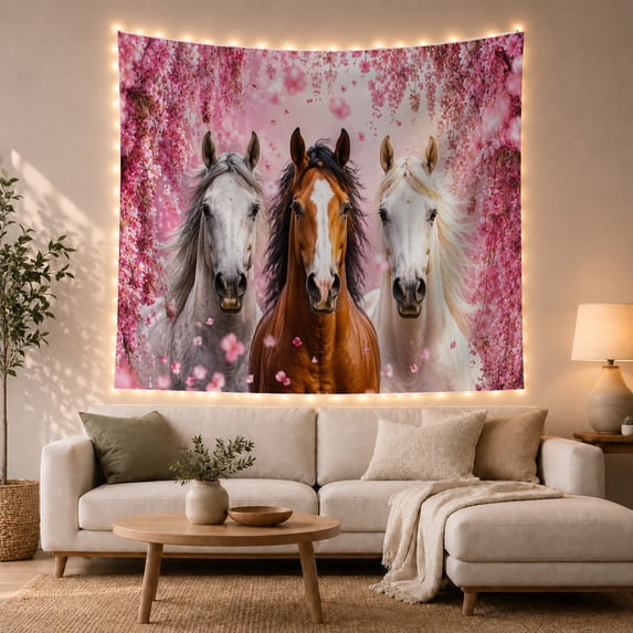 Three Horses in Pink Cherry Blossoms, Dreamy Japanese Inspired for Horse Lovers, Wildlife Art Wall Decor, Housewarming Gift, Tapestry Wall Hanging for Bedroom and Living Room