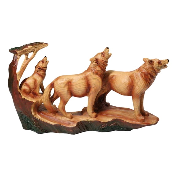 Three Howling Wolves Family Faux Wood Sculpture, Rustic Woodland Wolf Pack Decor