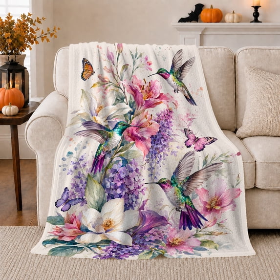Three Hummingbirds With Cascading Flowers for Hummingbird Enthusiasts, Expressive Floral Watercolor Illustration Home Decor for Living Room and Bedroom, Mother's Day Gift and Cozy Flannel Blanket