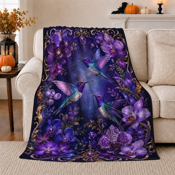 Three Hummingbirds Orchid Filigree in Mystical Baroque Style for Nature Lovers, Purple Orchid Flight Scene, Cozy Flannel Blanket for Bedroom and Reading Nook, Birthday Gift, Ornate Home Decor