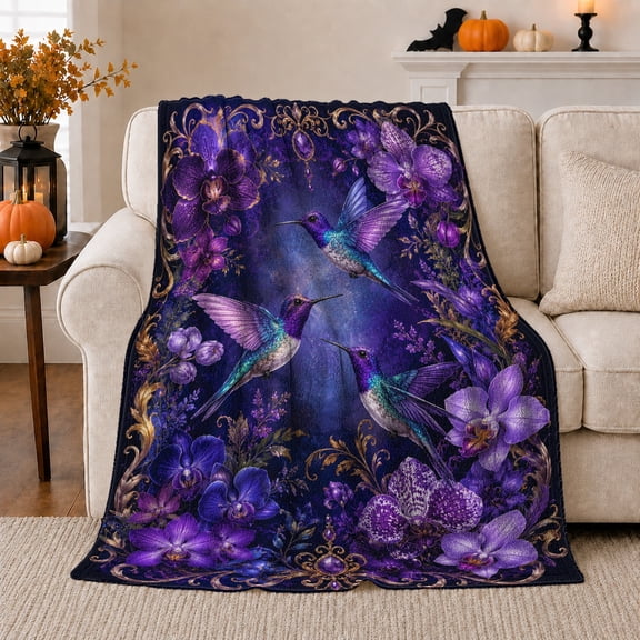 Three Hummingbirds Orchid Filigree in Mystical Baroque Style for Nature Lovers, Purple Orchid Flight Scene, Cozy Flannel Blanket for Bedroom and Reading Nook, Birthday Gift, Ornate Home Decor