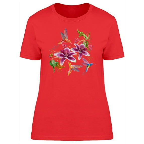 Three Hummingbirds With Flowers T-Shirt Women -Image by Shutterstock, Female Large