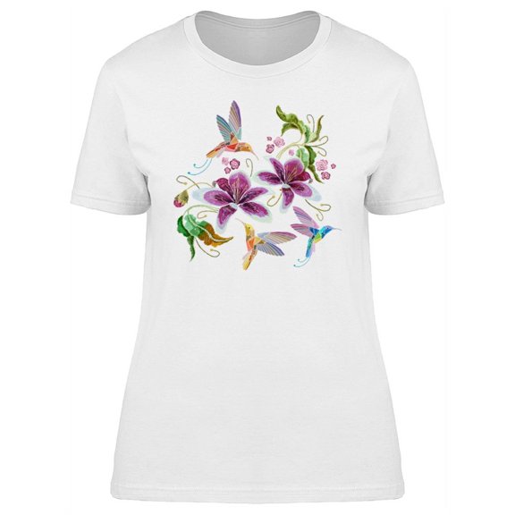 Three Hummingbirds With Flowers T-Shirt Women -Image by Shutterstock, Female Large
