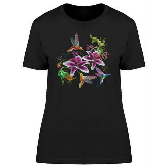 Three Hummingbirds With Flowers T-Shirt Women -Image by Shutterstock, Female Small