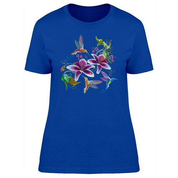 Three Hummingbirds With Flowers T-Shirt Women -Image by Shutterstock, Female XX-Large