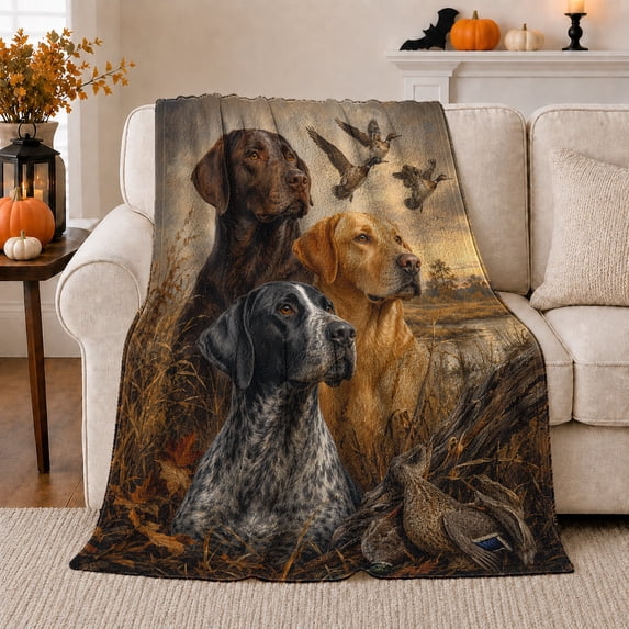Three Hunting Dogs with Flying Ducks, Realistic Painterly Style for Dog Lovers, Cozy Marsh Wetland Scene, Flannel Blanket for Cabin and Living Room, Birthday Gift and Outdoor Home Decor