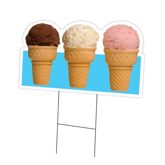 Three Ice Cream Cones Yard Sign 12" X 16" & Stake | Advertise Your Business | Stake Included Double Sided Image | Made in The USA