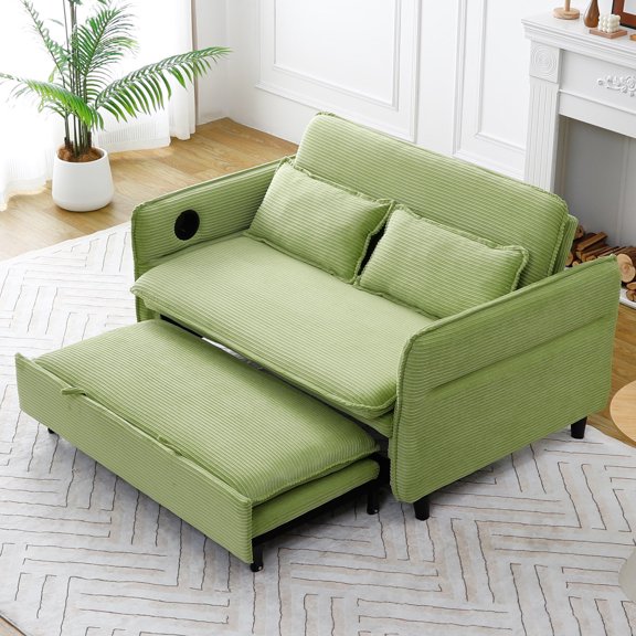 Three-In-One Corduroy Soft-Padded Multi-Functional Sofa Bed, Adjustable Backrest and Armrests, Green