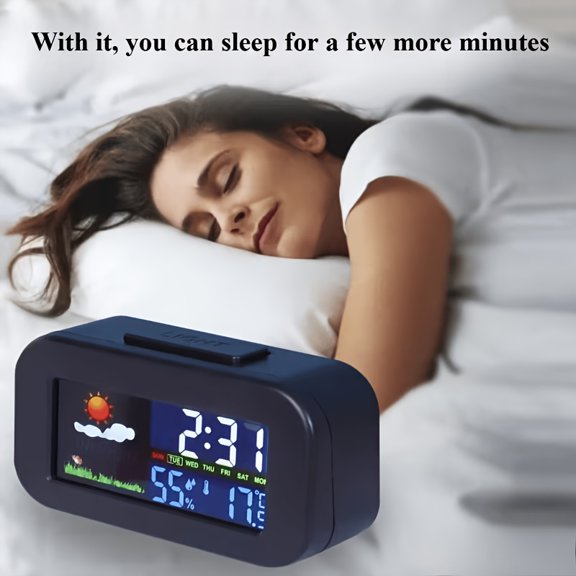 A Three-In-One Desktop Color Screen Alarm Clock That Displays Temperature, Humidity, And Weather. It Features a Large Backlit Screen Showing Real-Time Temperature And Humidity