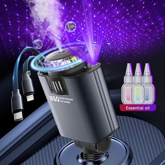 Three-In-One Multifunctional Car Charger, Perfume Machine, Starry Sky Ceiling Light, Dual 80cm/32inch Type-C+Lightning Retractable Cable, Air Freshener, Adapter ForCar-mounted mobile phone charger