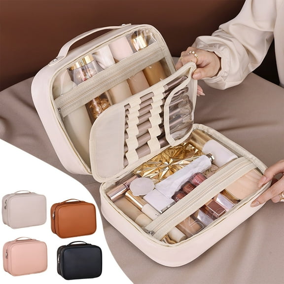 Three-In-One Polyurethane Cosmetic Bag | Large Capacity Multi-Compartment Travel Makeup Organizer | Zipper Pouch | Handheld Tote | Splashproof Durable | 9.84x7.28x4.33in | 1pc | White Pink Brown