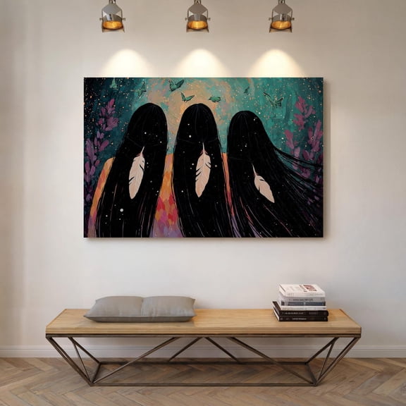 Three Indigenous Women With Feathers Art â€“ Spiritual Tribal Art Native Sisterhood Mystical Butterfly Sky Cultural Unity Art