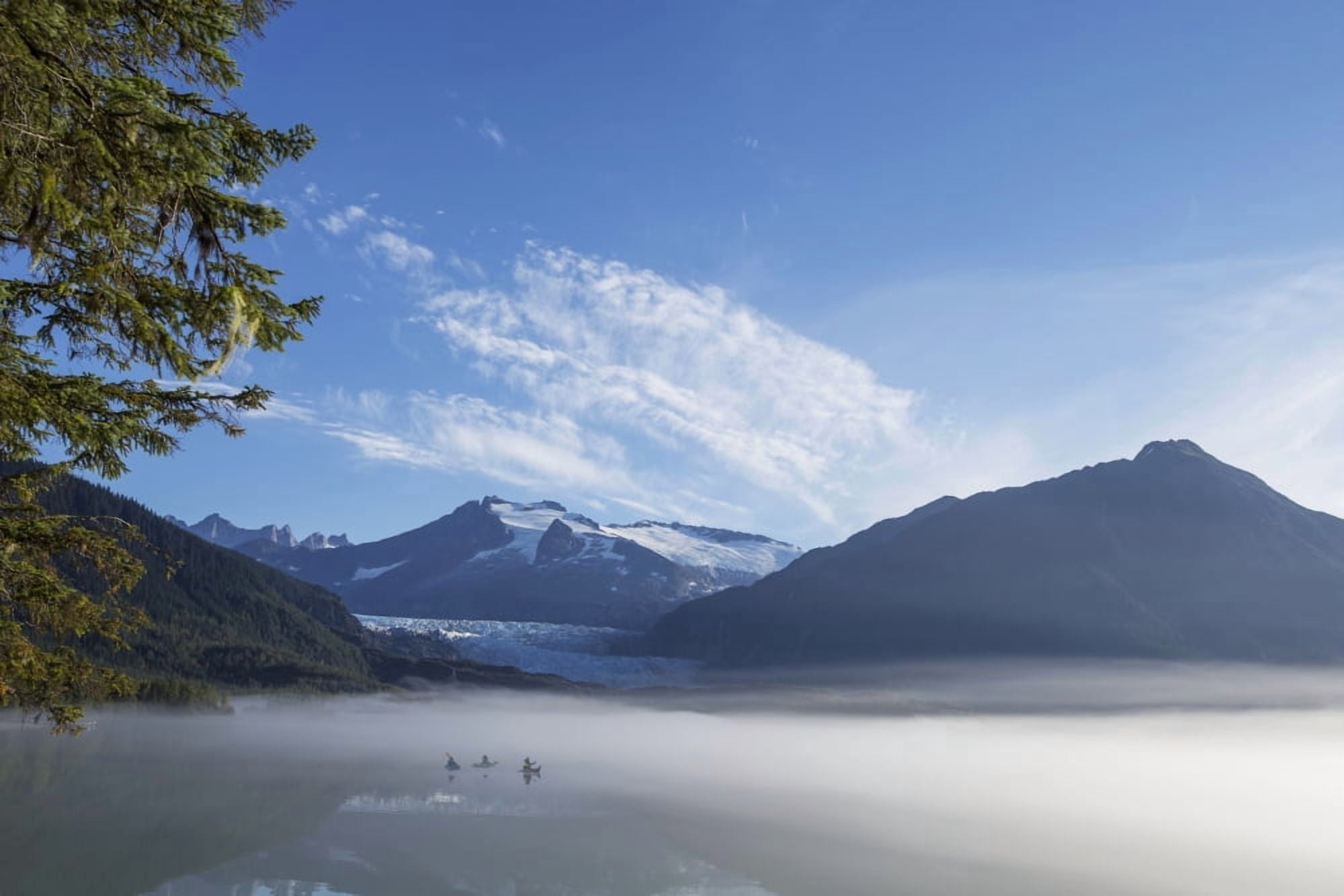 Three Kayakers paddle the shoreline of Mendenhall Lake as morning fog clears Tongass National Forest Juneau Alaska Canvas Art - John Hyde Design Pics (19 x 12)