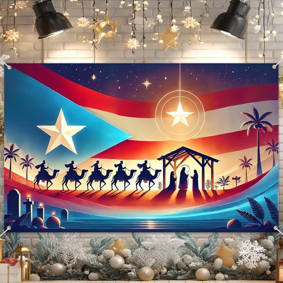 Three Kings Day Backdrop Epiphany Nativity Wise Men Camels Puerto Rico Flag Inspired 71x43 Inch Photography Background Banner for Religious Holiday Decorations Cultural Event Home Decor