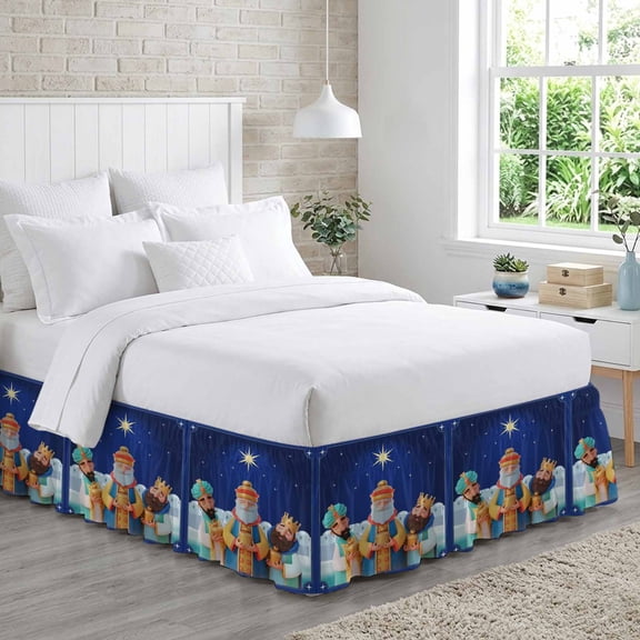 Three Kings' Day Bed Skirt King Size 16 Inch Drop, Vintage Abstract Spanish Puerto Rico Three Kings Adjustable Elastic Dust Ruffles Bedskirt for King Bed Wrap Around Pleated Mattress Frame Cover