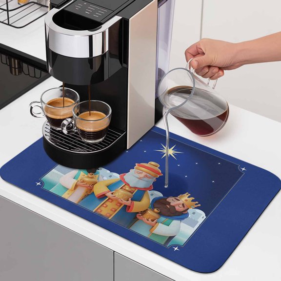 Three Kings' Day Dish Drying Mats for Kitchen Counter, Vintage Abstract Spanish Puerto Rico Three Kings Absorbent Coffee Bar Mat with Non-slip Rubber Backed Quick Drying Dish Rack Pad 12"x16"
