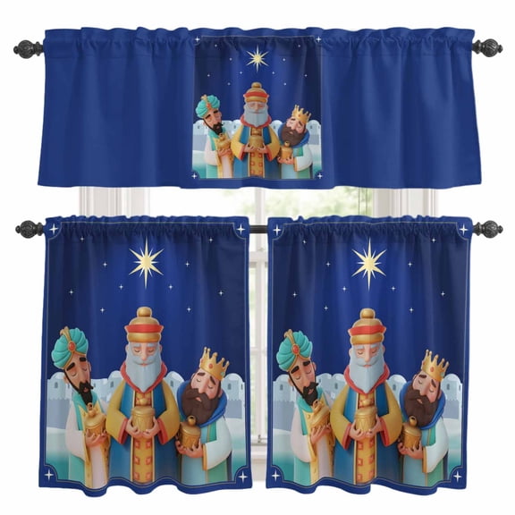 Three Kings' Day Kitchen Curtains Valances and Tiers Set of 3 Vintage Abstract Spanish Puerto Rico Three Kings Tier Curtains and Valance with Rod Pocket for Small Windows, 27.5"x24"