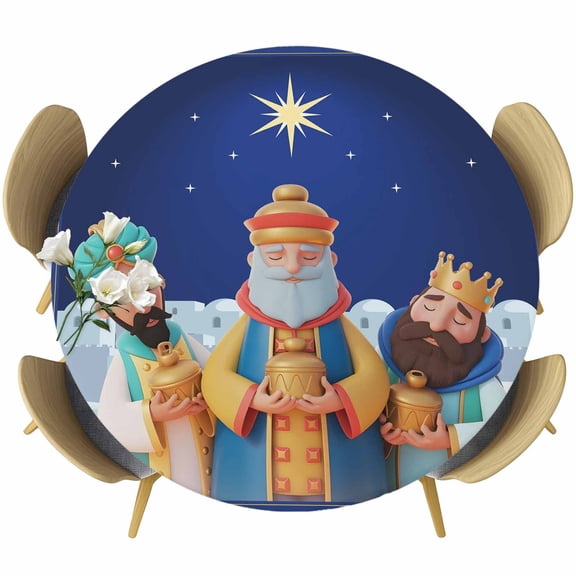 Three Kings' Day Round Fitted Tablecloth with Elastic Edge, Vintage Abstract Spanish Puerto Rico Three Kings Stretch Table Covers for 36"-44" Tables Wipeable Table Cloth for Outdoor