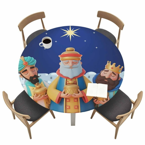 Three Kings' Day Round Fitted Tablecloth with Elastic Edge Vintage Abstract Spanish Puerto Rico Three Kings Table Cover Fit for 45"-54" Tables Waterproof Tablecloths for Dinner Camping Picnic