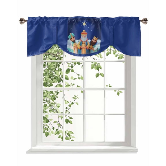 Three Kings' Day Tie Up Valances Curtain, Adjustable Kitchen Vintage Abstract Spanish Puerto Rico Three Kings Valances for Windows Decor, Rod Pocket Short Curtains Set for Bedroom/Bathroom, 54"x18"