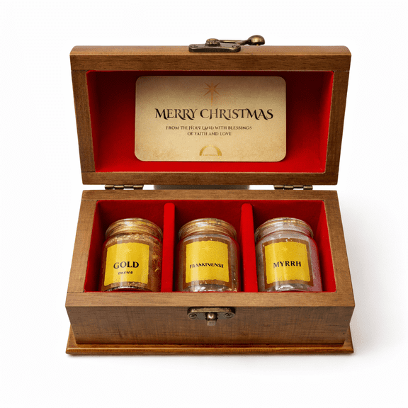 Three Kings Gifts Set Gold, Frankincense & Myrrh from the Holy Land Nativity Keepsake in Wooden Display Chest