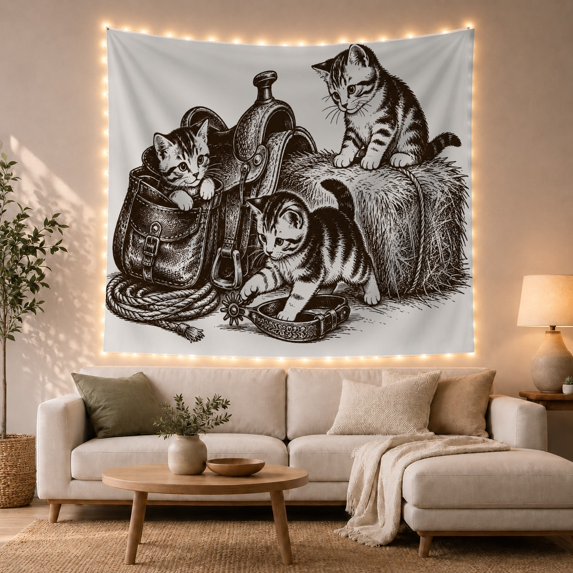 Three Kittens Around Western Saddle and Hay Bale, Playful Vintage for Cat Lovers, Cowboy Ranch Decor, Housewarming Gift, Tapestry Wall Hanging for Bedroom and Living Room
