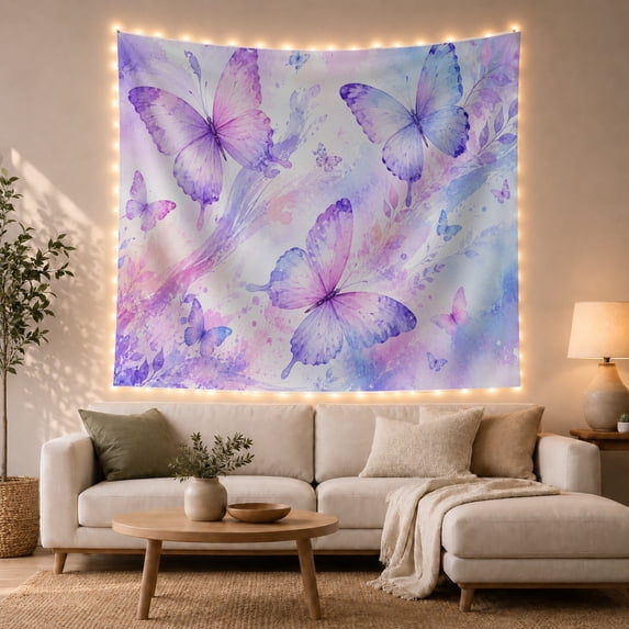 Three Large Butterflies in a Lilac and Blue Watercolor Sky, Whimsical Watercolor for Butterfly Lovers, Abstract Wall Art Decor, Housewarming Gift Tapestry Wall Hanging for Living Room and Bedroom