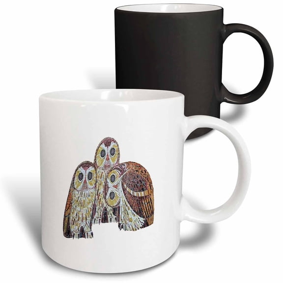 3drose, Three Large Owls Detailed Vector in Art Nouveau Style, 11oz Magic Transforming Mug
