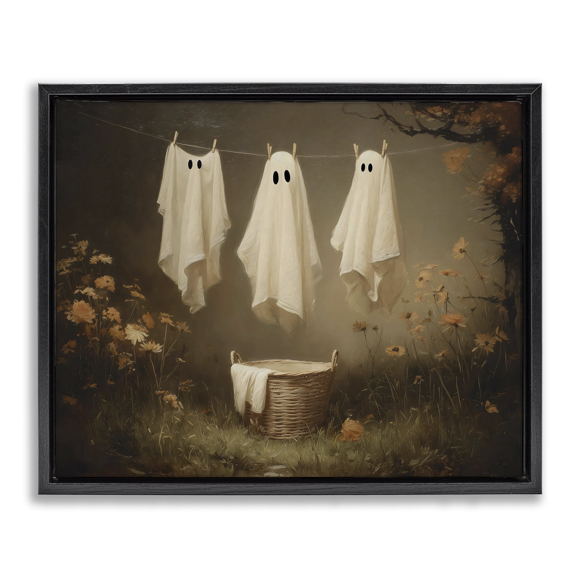 Three Laundry Ghosts Hanging Black Framed Floater Canvas Wall Art, design by Arlington Prints