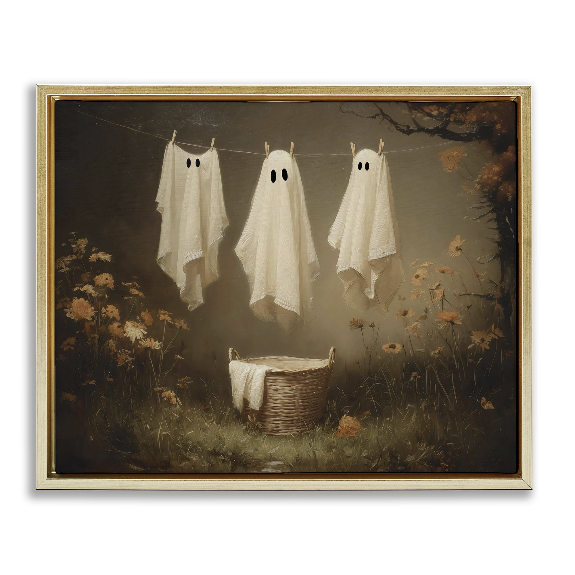Three Laundry Ghosts Hanging Gold Framed Floater Canvas Wall Art, design by Arlington Prints