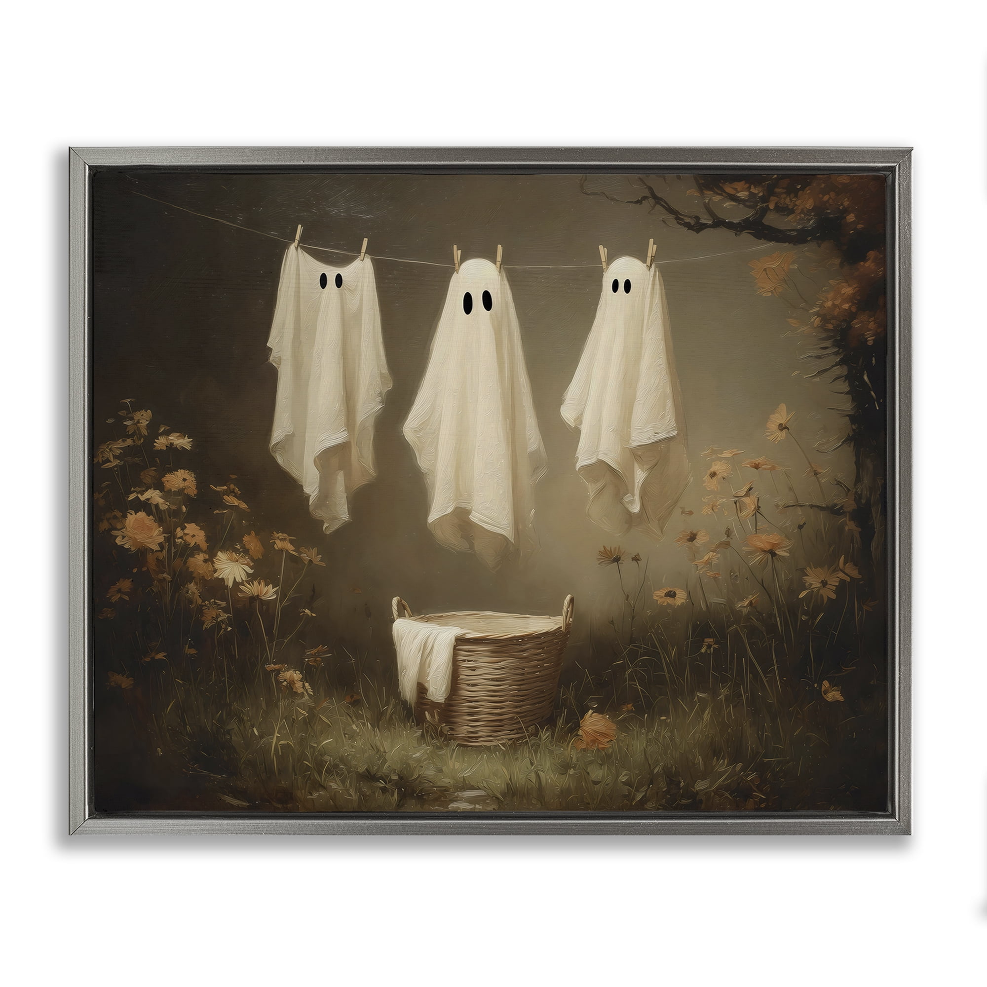 Three Laundry Ghosts Hanging Gray Framed Floater Canvas Wall Art, design by Arlington Prints