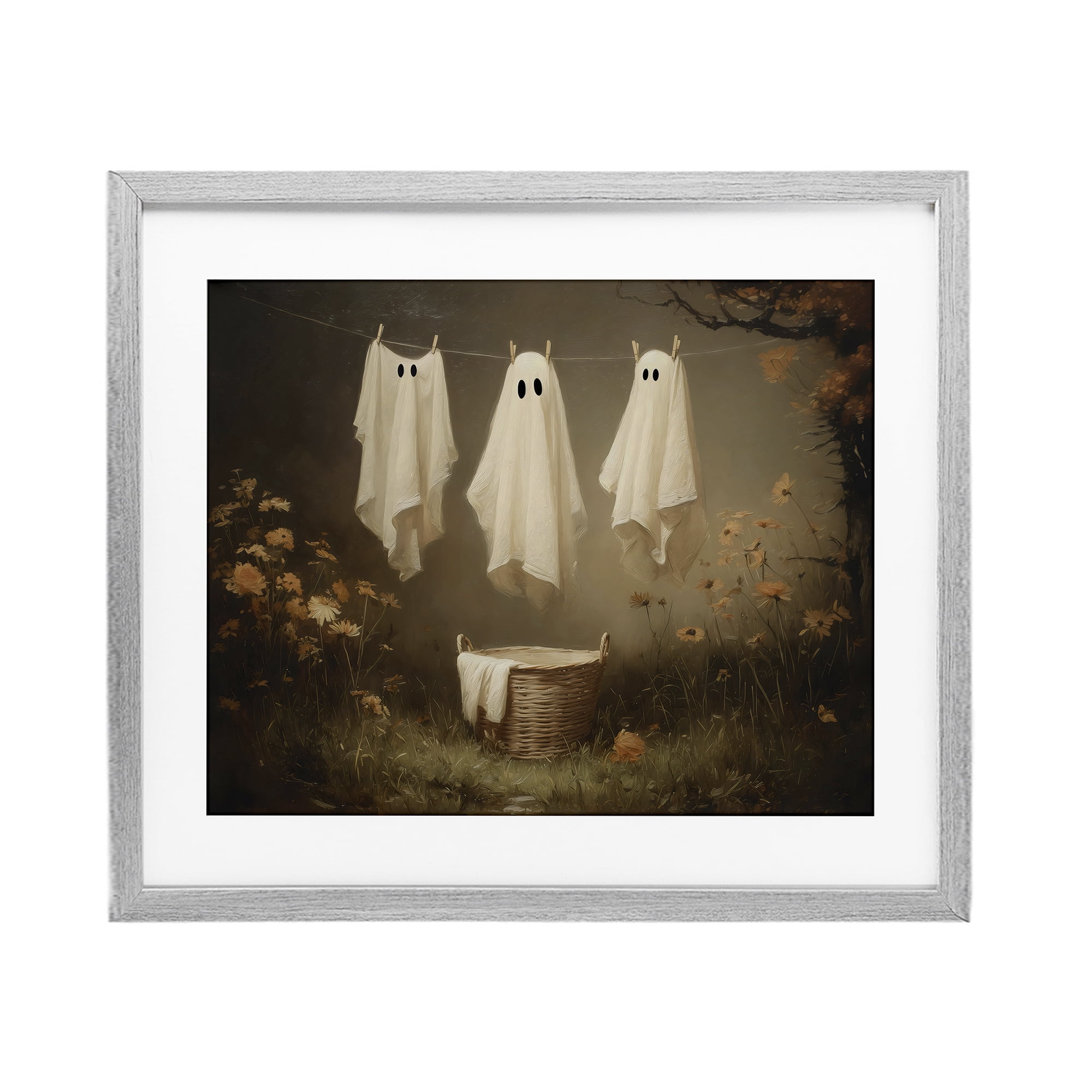 Three Laundry Ghosts Hanging Gray Framed Print Under Glass, design by Arlington Prints